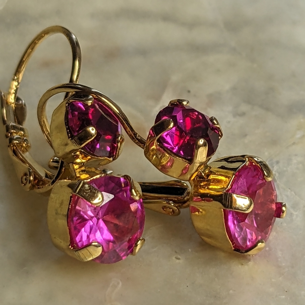 2.55 Carats  Pink Ruby Synthetic In Two Stone Drop Gold Plated Earrings